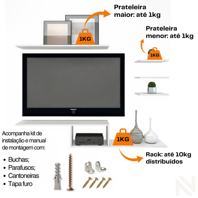 Kit Rack para TV Suspenso + 4 prateleiras em MDF Sala Branco - Nambu Magazine