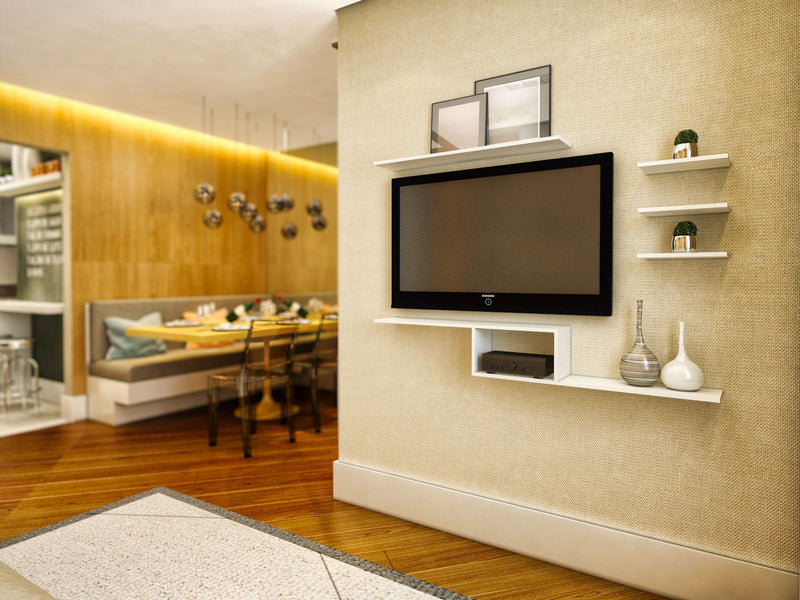 Kit Rack para TV Suspenso + 4 prateleiras em MDF Sala Branco - Nambu Magazine