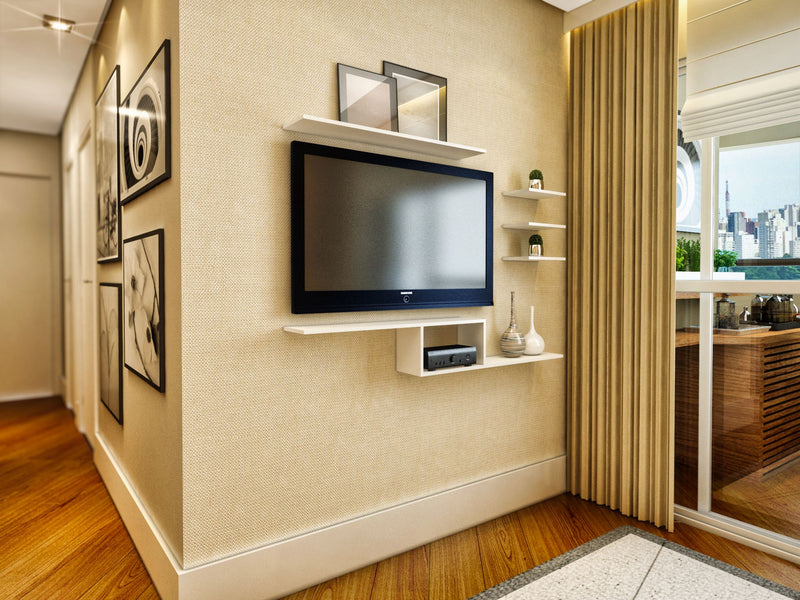 Kit Rack para TV Suspenso + 4 prateleiras em MDF Sala Branco - Nambu Magazine
