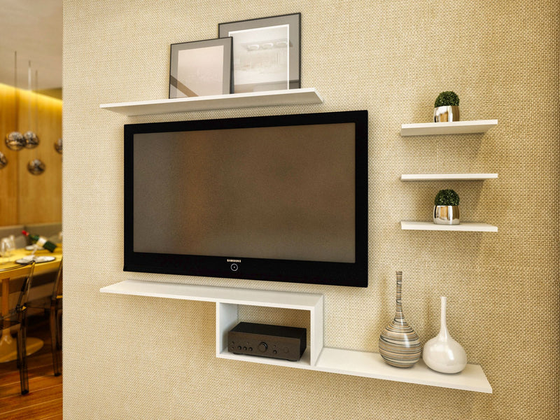 Kit Rack para TV Suspenso + 4 prateleiras em MDF Sala Branco - Nambu Magazine