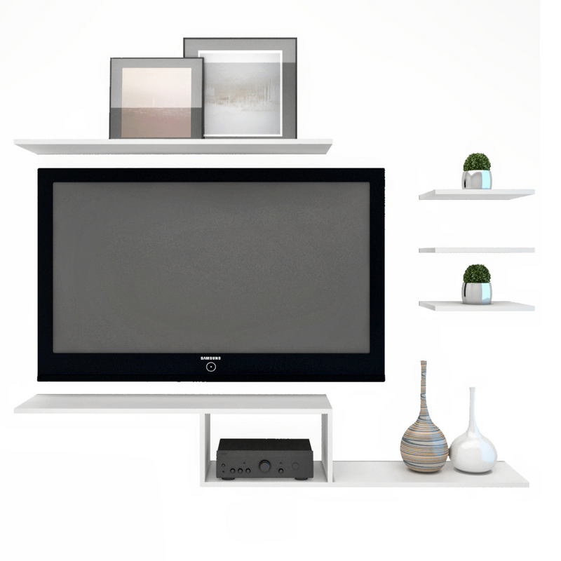 Kit Rack para TV Suspenso + 4 prateleiras em MDF Sala Branco - Nambu Magazine